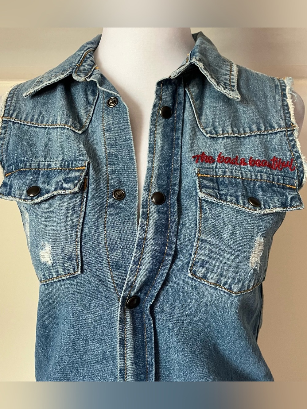 Hudson Denim Shirt Sleeveless Distressed Button Front Western Mini Dress - Picture 8 of 11